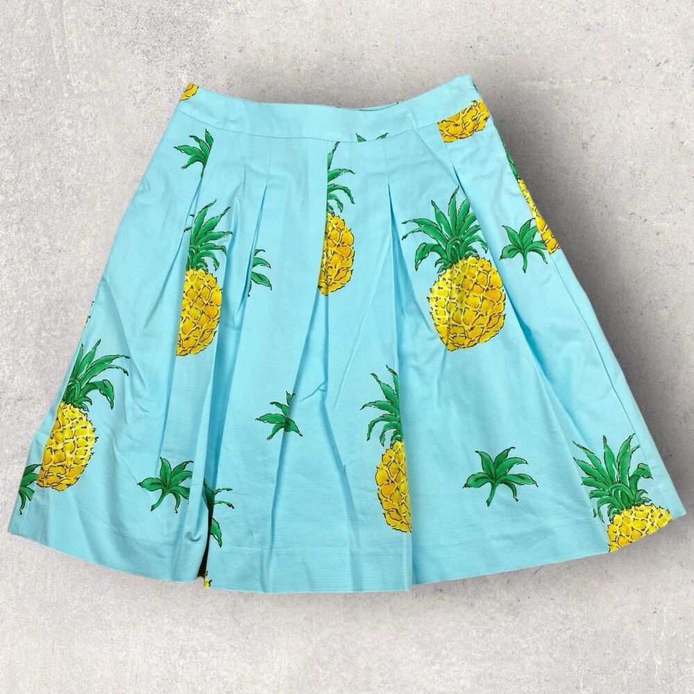 Talbots Skirt Aqua Blue Pineapple Print Pleated Full Knee length Sz 4P, 4 Petite
